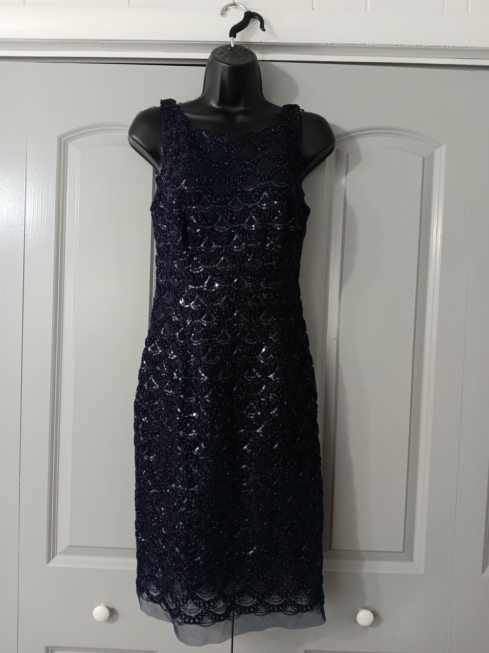 SD Collection Navy Beaded Scallop Lace Sheath Dress